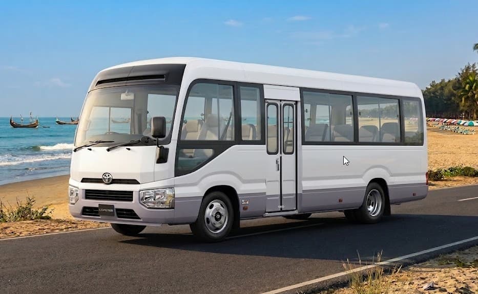 Toyota Coaster tourist bus rental by the coast in Bangladesh
